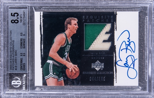 2003-04 UD "Exquisite Collection" Patches Autographs #LB Larry Bird Signed Game Used Patch Card (#044/100) - BGS NM-MT+ 8.5/BGS 10